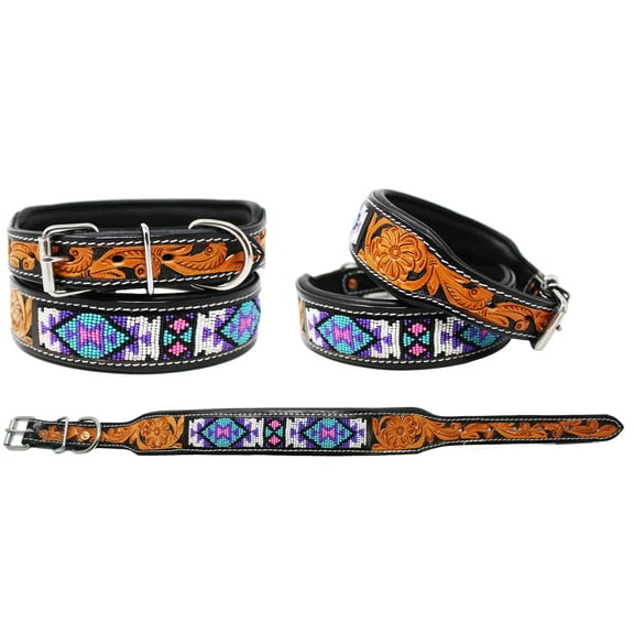 Large 21''- 25'' Challenger 100% Leather Dog Collar Beaded Tooled Purple 60168