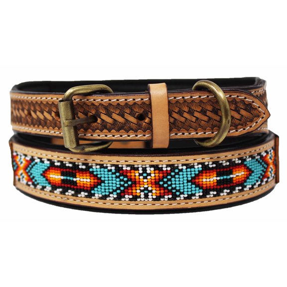 Large 21''- 25'' Basket Weave Tooled Padded Leather Beaded Dog Puppy 60RT19
