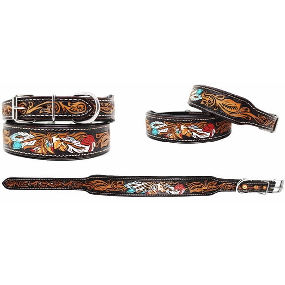 Large 21''- 25'' Dog Puppy Serape Beaded Genuine Padded Leather Collar 60195