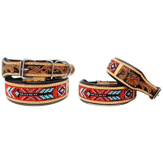 Large 21''- 25'' Hand Tooled Beaded Padded Leather Dog Collar 60123