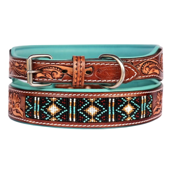 Large 21''- 25'' Handcrafted Padded Tan Leather Floral Tooled Beaded Dog Collar 60206