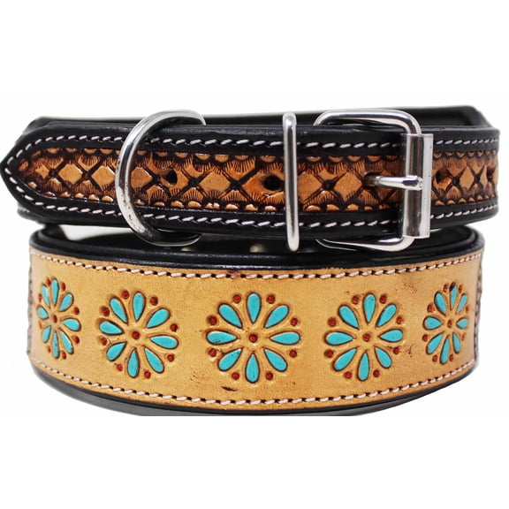 Large 21''- 25'' Handcrafted Tooled Leather Dog Collar Turquoise Daisy 60FK63