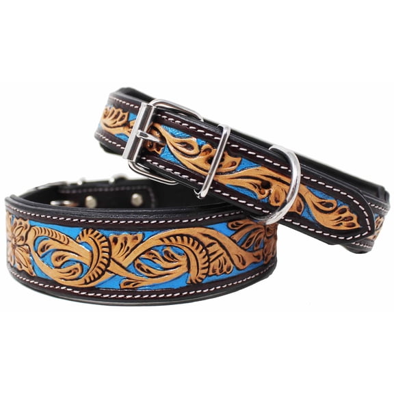 Large 21''- 25'' Handcrafted Tooled Leather Dog Collar Turquoise Inlay Filigiri 60FK62