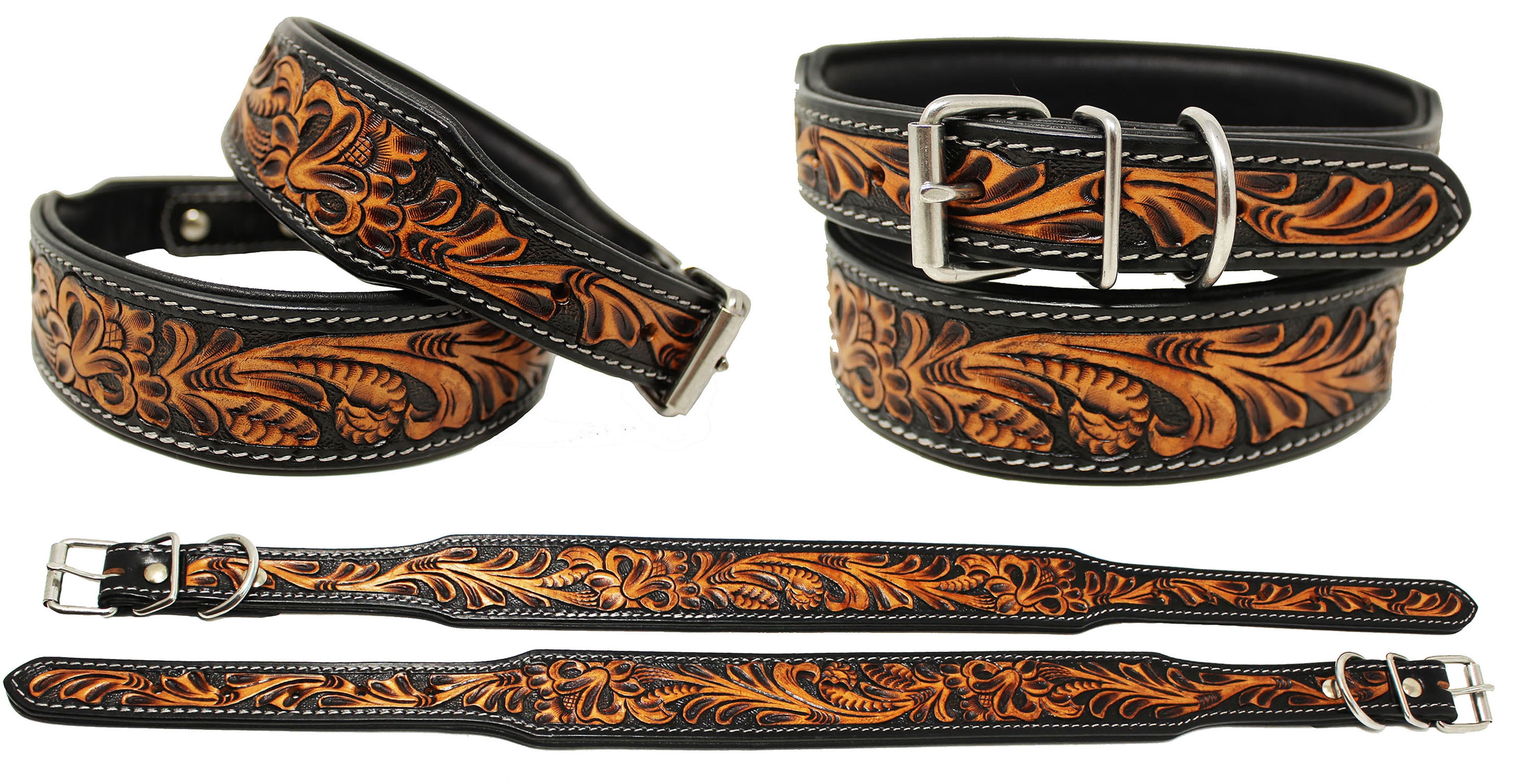 Large 21''- 25''  Heavy Duty Padded Leather Floral Tooled Dog Collar 60FK10