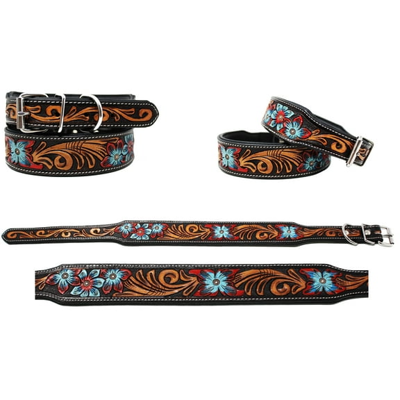 Large 21''- 25'' Padded Challenger 100% Cow USA Leather Dog Collar Tooled 60FK13