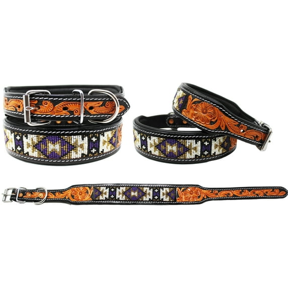 Large 21''- 25'' Padded Leather Dog Collar Beaded Floral Hand Tooled 60173