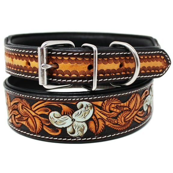Large 21''- 25'' Padded Leather Dog Collar Heavy Duty Floral Tooled 60FK18