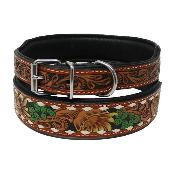 Large 21''- 25''  Padded Leather Floral Cactus Tooled Dog Collar 60FK36