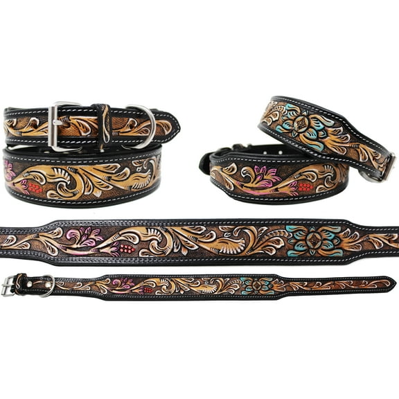 Large 21''- 25''  Padded Leather Hand Crafted Tooled Dog Collar 60FK43