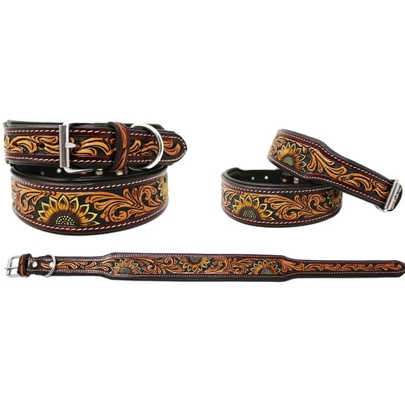 Large 21''- 25'' Padded Leather Hand Crafted Tooled Dog Collar 60FK50