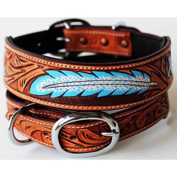 Large 21''- 25'' Tooled Leather Turquoise Cross Feather Dog Puppy Collar 6056