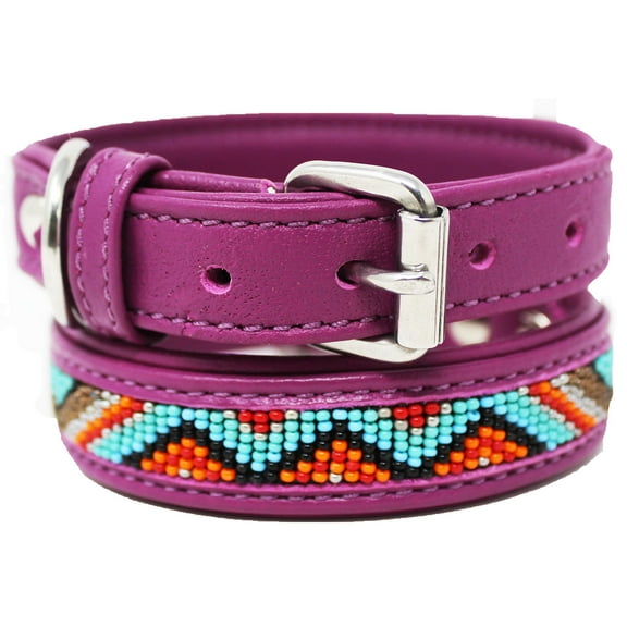 Large 21''- 25'' Soft Genuine Leather Beaded Padded Dog Puppy Collar  60RT12PR
