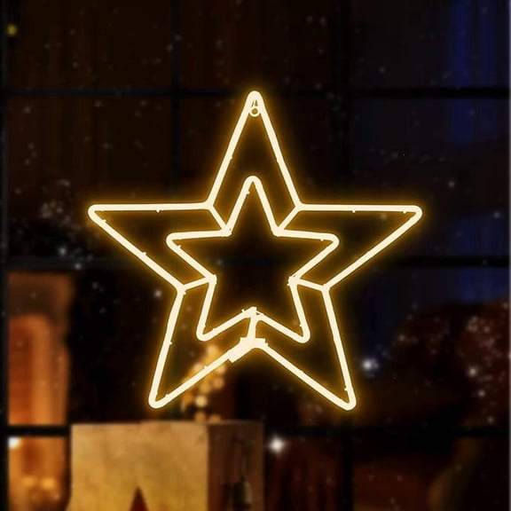 Large 2221 Inch star neon decoration with 360 super-bright warm white LEDs. Waterproof and fitted with a UL-certified adapter, perfect for outdoor wall hanging, home and Christmas holiday decor.