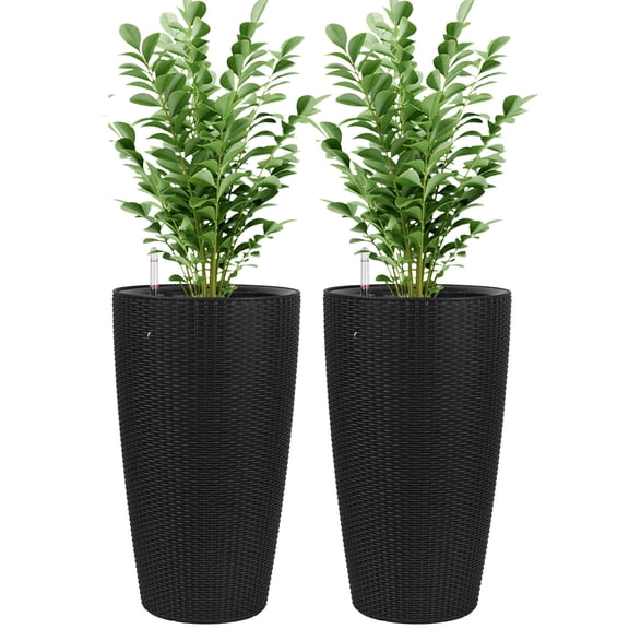 Large 22.5 Inch Imitation Rattan Design Planter with Automatic Watering System for Home and Garden - 2 Pack