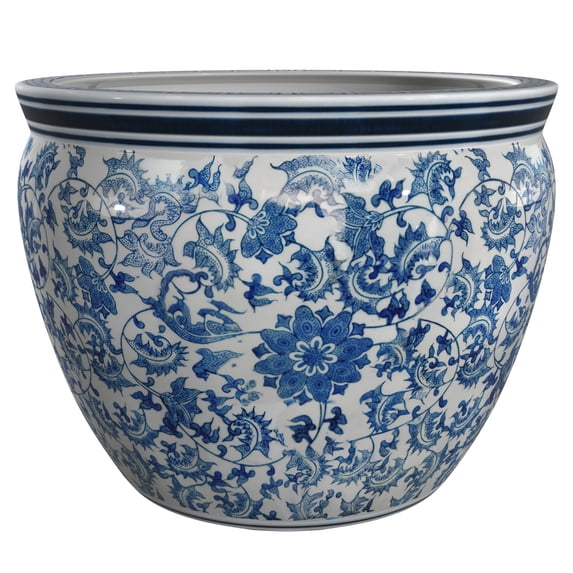 Red Lantern Large 22" Blue & White Floral Porcelain Fishbowl Planter