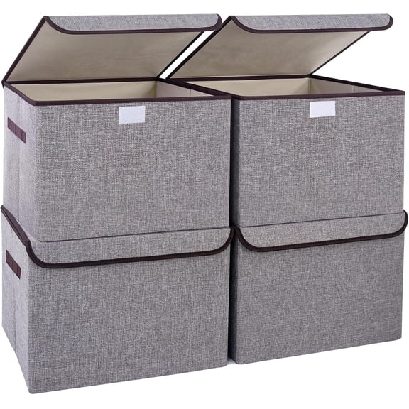 Large 22 Quart Linen Fabric Foldable Storage Bin Cube Organizer Basket with Flip-Top Lid & Handles, Clothes Blanket Box for Home, Office, Closet, Gray, 4 Pack 14.6 x 9.5 x 9.5