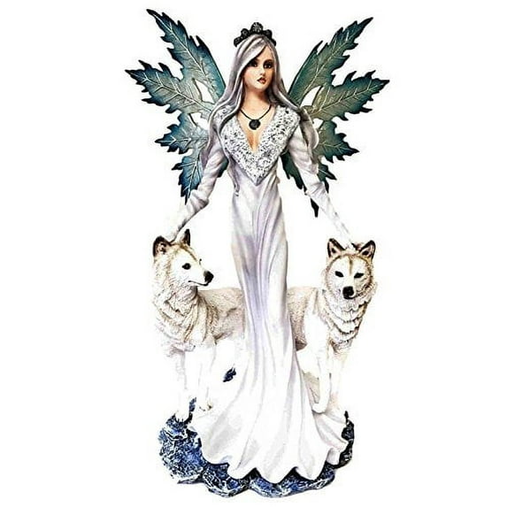 Large 23" Tall Blizzard Frost Flake Fairy With Two Snow Pet Wolves Statue Figurine