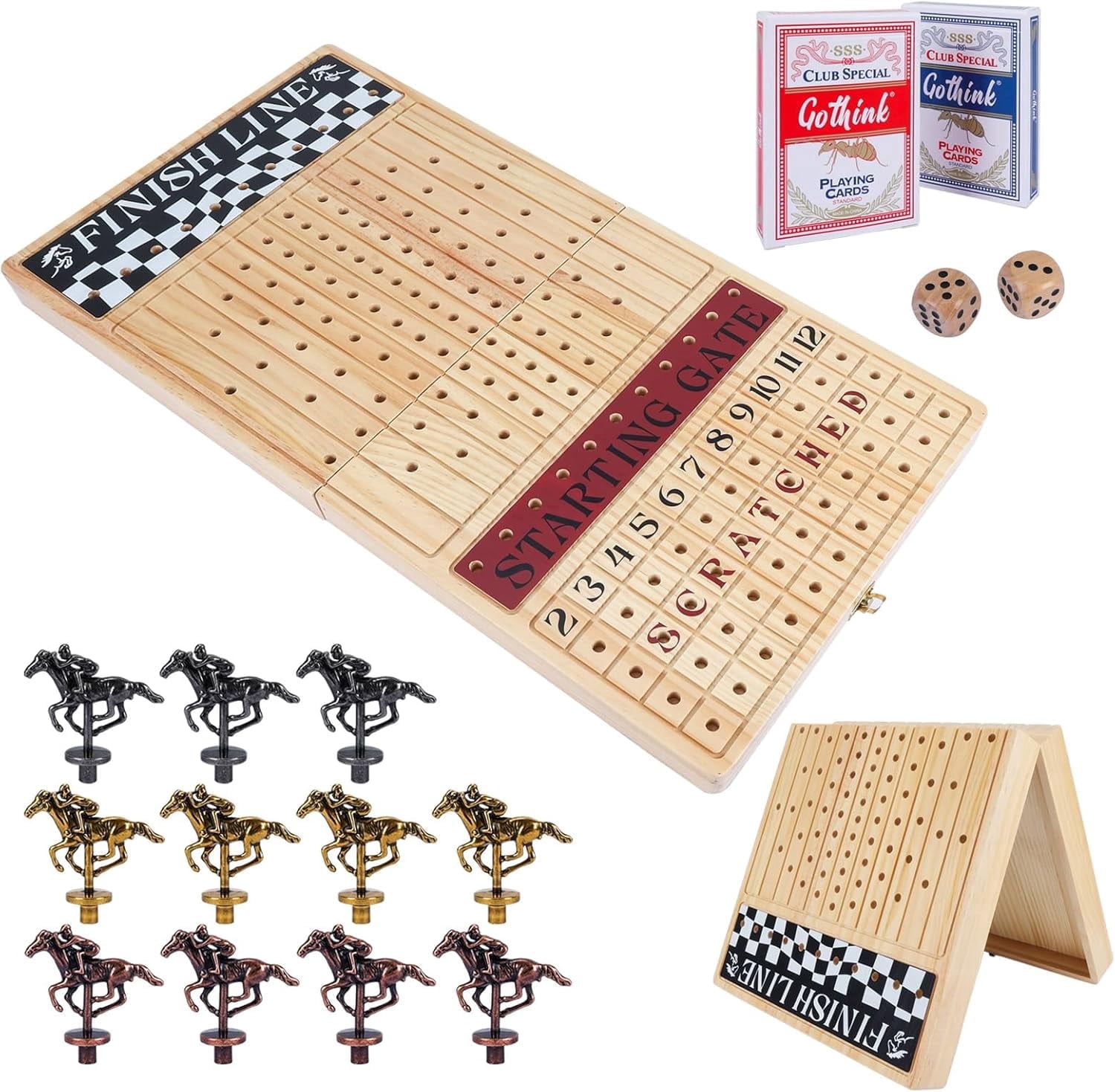 Fugocen Horse Race Board Game Foldable Wooden Premium Durable 11 Retro Metal Horses Fun Night Game 1-Pack Large 23 Inches