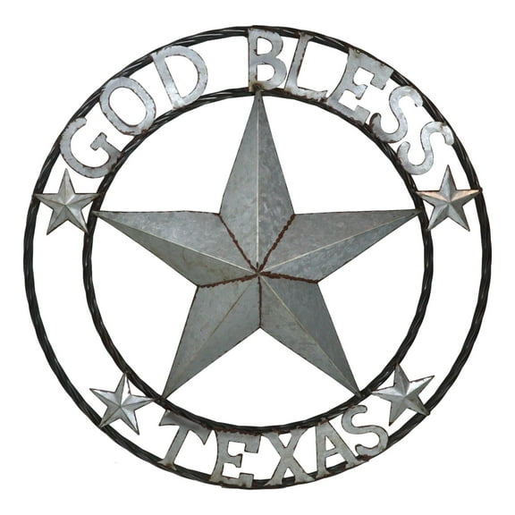 Large 24"D Rustic Western Star God Bless Texas Galvanized Metal Wall Circle Sign
