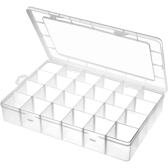 Large 24 Grids Plastic Organizer Box Adjustable Dividers,Clear Storage Box for Jewelry, Art DIY Crafts, Washi Tapes, Beads and Small Parts