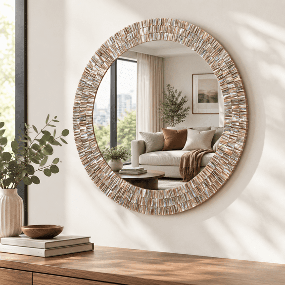 Large 24 Inch Round Capiz Shell Mirror Seashell Wall Decor