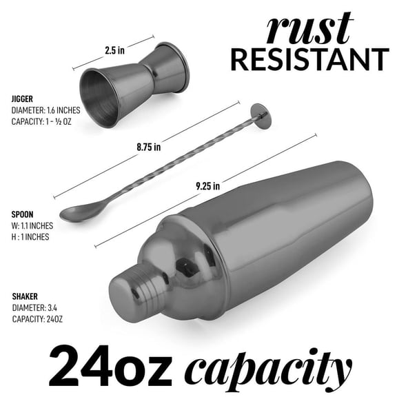 Large 24 oz Stainless Steel Cocktail Shaker Set - Mixed Drink Shaker - Martini Shaker Set with Built in Strainer, Double Sided Jigger & Combo Muddler Mixing Spoon - Pro Margarita Shaker - by Zulay