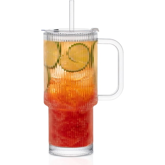 Large 26oz Clear Glass Mug with Handle and Sliding Lid - Aesthetic Ribbed Tumbler for Iced Coffee, Smoothies & Hot Drinks -  Travel Cup with Straw, Dishwasher Safe (Ribbed Tumbler)