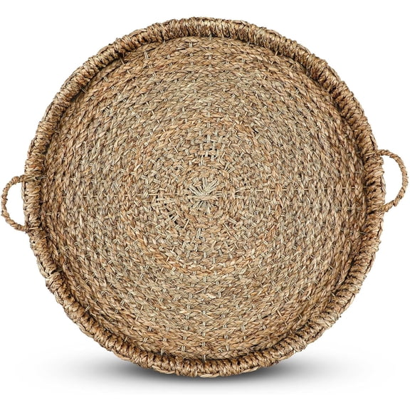 Large 27.6 Inch Round Rattan Serving Tray with Handles Braided Wicker Basket for Coffee Table Decor Fruit and Bread Display