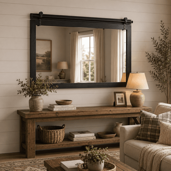 Large 27" x 49" Black Barn Door Wall Mirror, Solid Wood Framed Farmhouse Accent Mirror with Sliding Hardware for Entryway, Living Room
