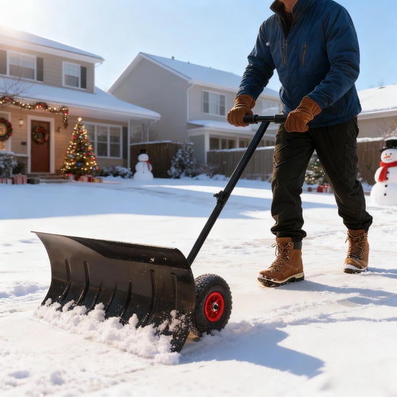 Large 29 in x 16.5 in Snow Shovel with Wheels for Driveway, Heavy Duty Push Snow Plow Shovel with Adjustable Handle, Angled Blade, Efficient Snow Removal for Pavement