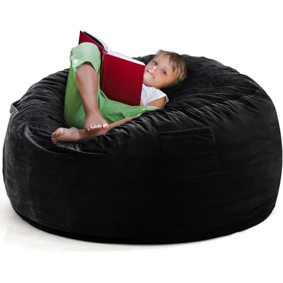 Large 3.5’ Bean Bag Chair for Kids, Teens, Adults, Memory Foam, Easy to Clean Washable Soft Suede Cover, Reinforced Zipper, Perfect for Living Room, Den, Bedroom, or Dorm, Black