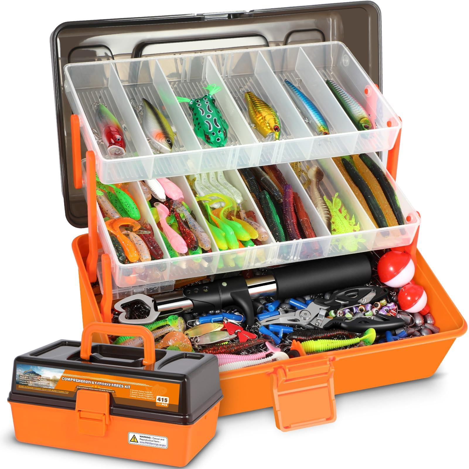 Large 3 Layers Fishing Tackle Box With Included  415pcs Lures Kit Contains Pliers Crankbait Hooks Weights & Accessories Gear Gifts For Men Starter Kits Bass Trout
