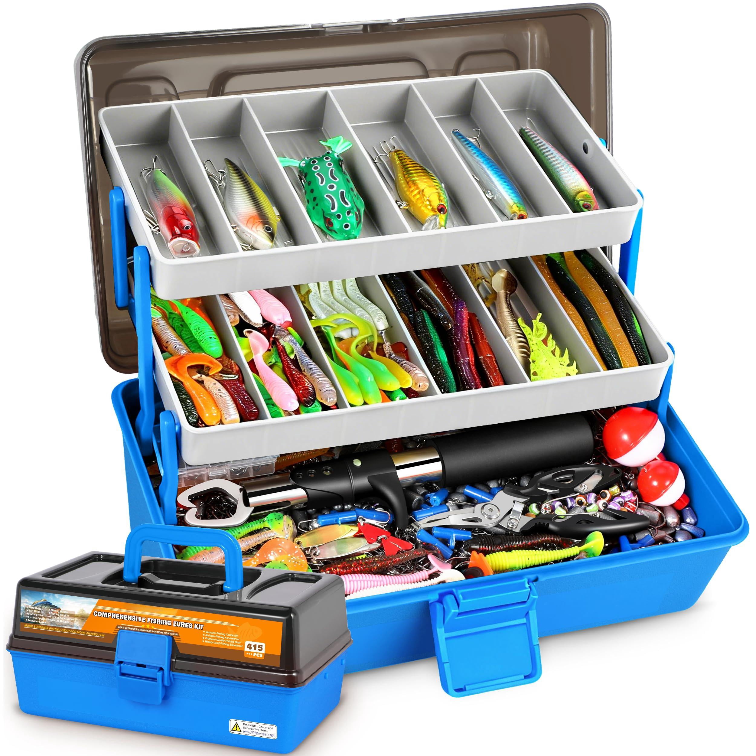 Large 3 Layers Fishing Tackle Box With Included  415pcs Lures Kit Contains Pliers Crankbait Weights Accessories Portable Gear Gifts For Men Starter Kits Bass Trout