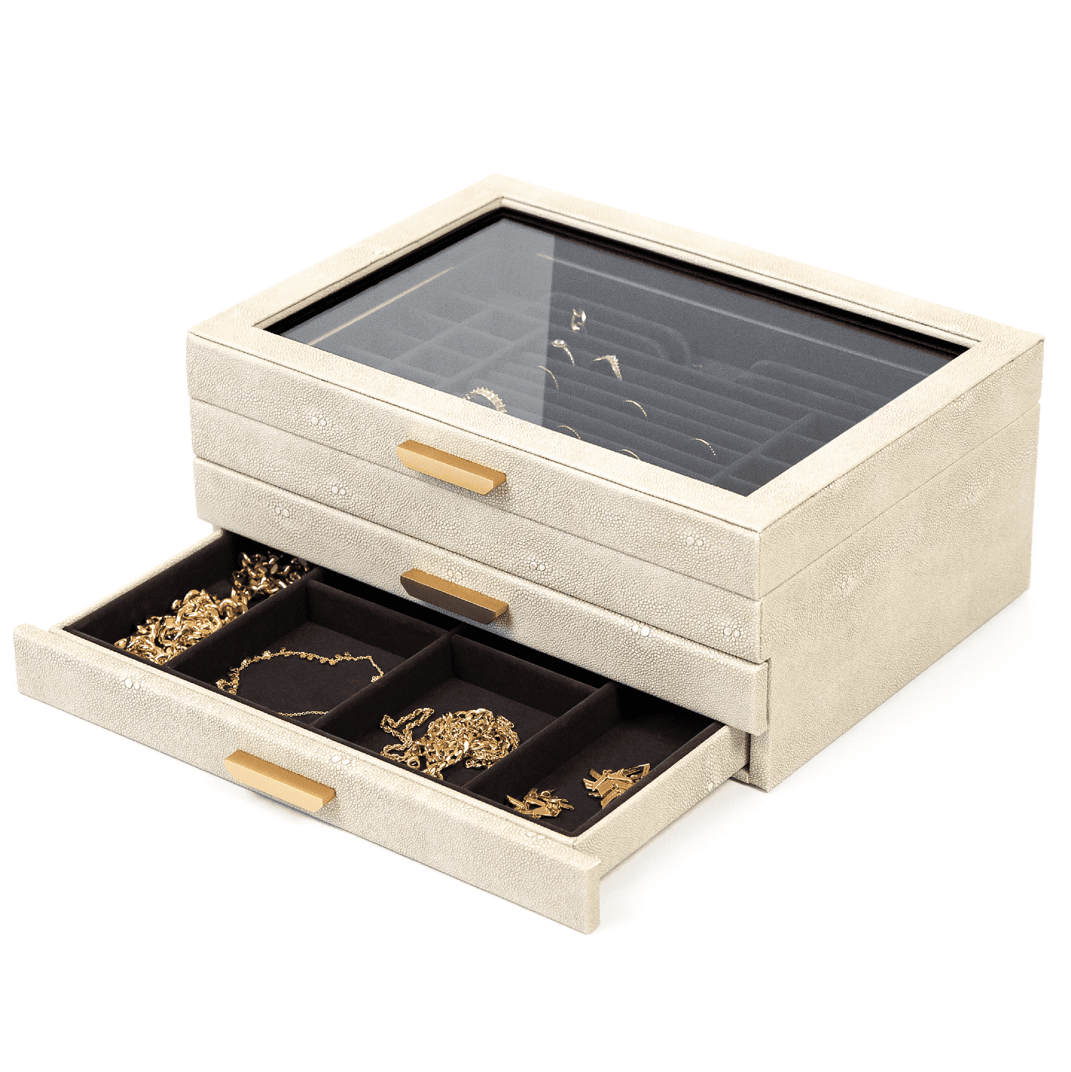 Large Beige Shagreen Jewelry Box with Glass Lid and Brass Hardware