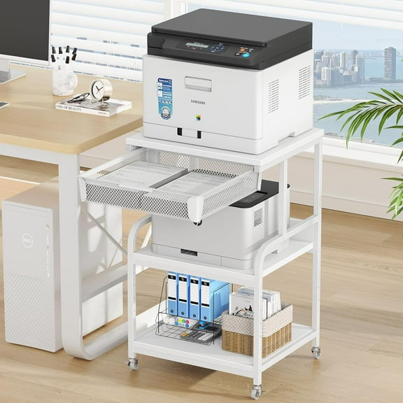 Large 3-Tier Rolling Printer Stand with Storage Drawer & 5 Adjustable Shelves Mobile Cart with Industrial Wheels for Home Office Desk Fits 3D Printer, Scanner, and Fax White