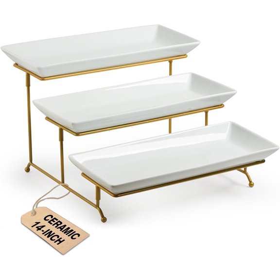 Large 3 Tier Serving Stand Tiered Serving Trays with Collapsible Sturdier Rack Porcelain Serving Trays and Platters for Fruit Dessert Presentation Father's Day Party Display Set, 14 Inch