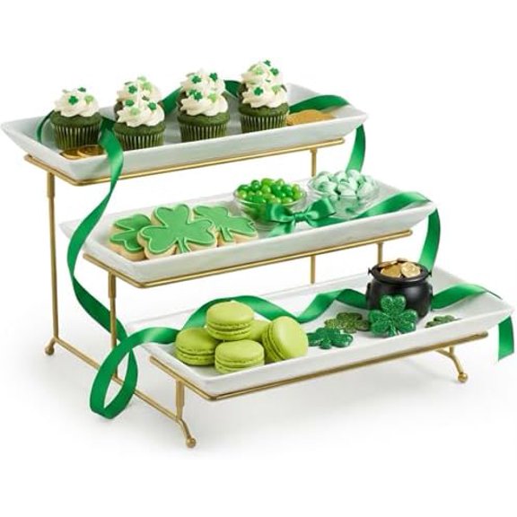 Large 3 Tier Serving Stand Tiered Serving Trays with Collapsible Sturdier Rack Porcelain Serving Trays and Platters for Fruit Dessert Presentation St. Patrick's Day Party Display Set, 14 Inch