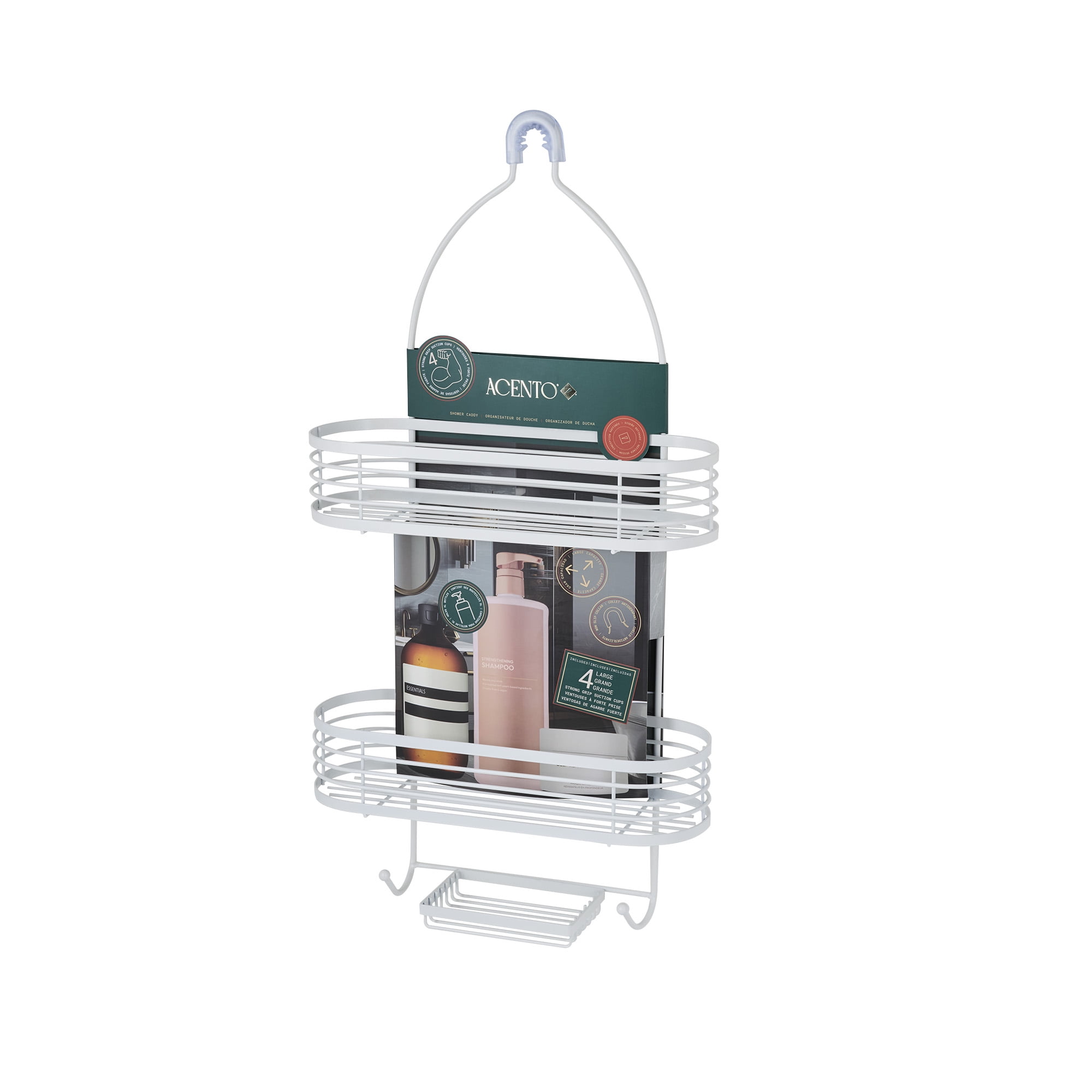 Acento 3-Tier Hanging Shower Caddy with Suction Cups, Non-Slip Neck, Bathroom Organizer, Matte White