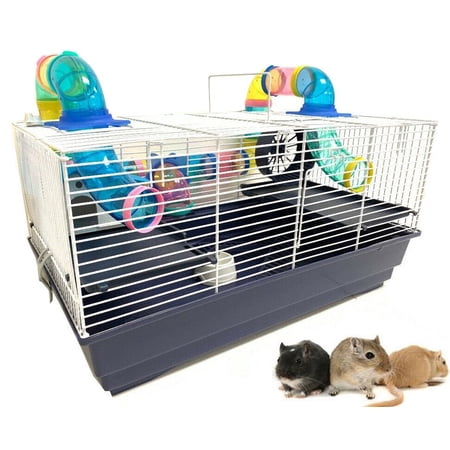 Large 3-Tiers Hamster Mouse Gerbil Habitat Home Cage Deep Base with Long Entrance Crossover Tube Tunnels Include Full Set of Accessories