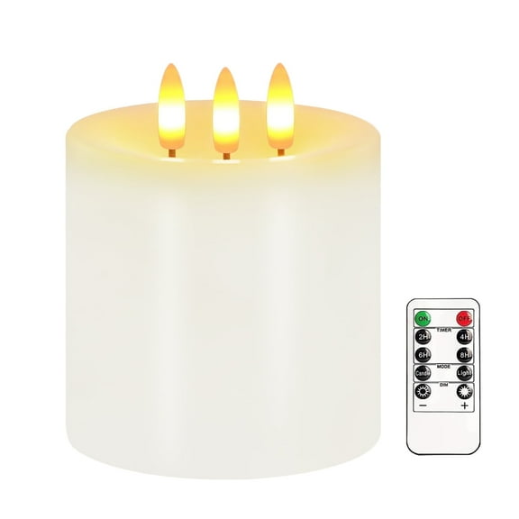 Large 3 Wick Flameless Candles, 4"x4" Flickering Flameless Candles with Remote & Timer, Dimmable Real Wax LED Candles Battery Operated, Electric Pillar Candles for Home Wedding Christmas Decor