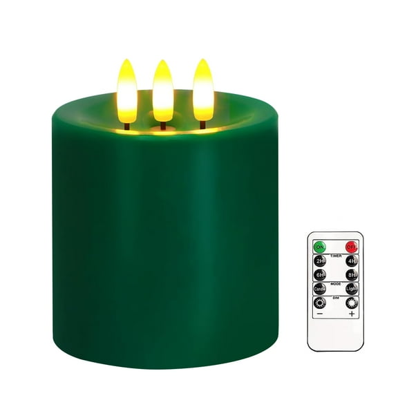 Large 3 Wick Flameless Candles, 4"x4" Flickering LED Candles with Remote & Timer, Dimmable Real Wax Pillar Candles Battery Operated, Green Candles for Home Christmas St. Patrick’s Day Decor