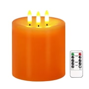Large 3 Wick Flameless Candles, 4"x4" Flickering LED Candles with Remote & Timer, Dimmable Real Wax Pillar Candles Battery Operated, Orange Candles for Fall Hal