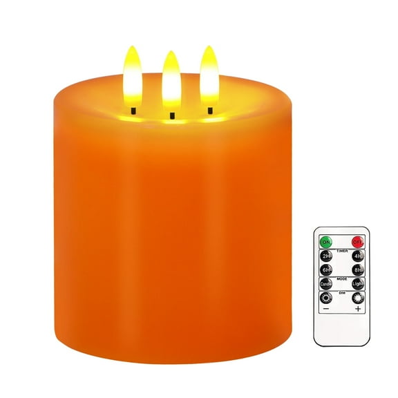 Large 3 Wick Flameless Candles, 4"x4" Flickering LED Candles with Remote & Timer, Dimmable Real Wax Pillar Candles Battery Operated, Orange Candles for Fall Halloween Thanksgiving Decor