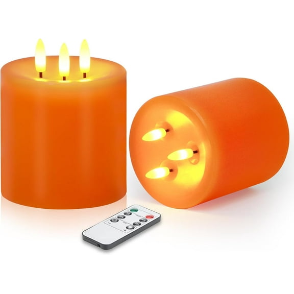 Large 3 Wick Flameless Candles, 4x4 Inch Flickering LED Pillar Candles with Remote and Timer, Dimmable Real Wax Battery Operated for Fall, Thanksgiving, and Halloween Decor(2 PCS,Orange)