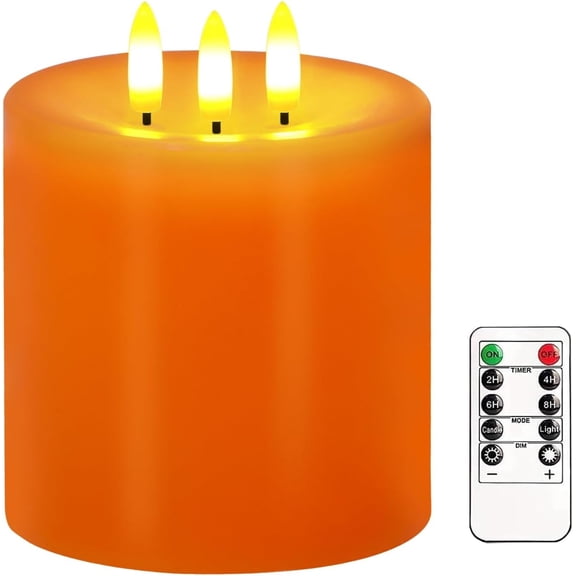 Large 3 Wick Flameless Candles, 4x4 Inch Flickering LED Pillar Candles with Remote and Timer, Dimmable Real Wax Battery Operated for Home, Wedding, and Christmas Decor(Orange)