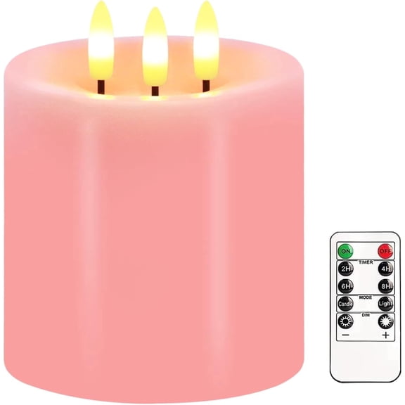 Large 3 Wick Flameless Candles, 4x4 Inch Flickering LED Pillar Candles with Remote and Timer, Dimmable Real Wax Battery Operated for Home, Wedding, and Christmas Decor(Pink)
