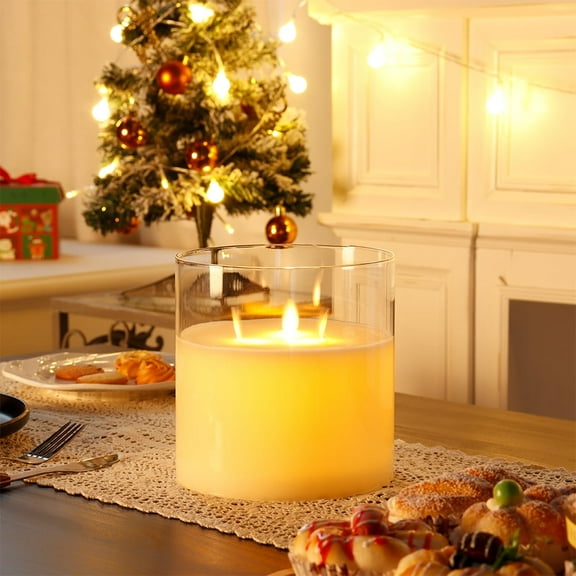 Large 3-Wick Glass Flameless Candles 6''High Battery Operated Dancing Flame Flickering LED Pillar Candles with 6-Hour Timer