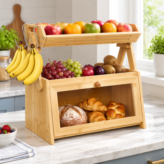 Large 3-Zone Bread Box with Fruit and Produce Storage for Kitchen Countertop