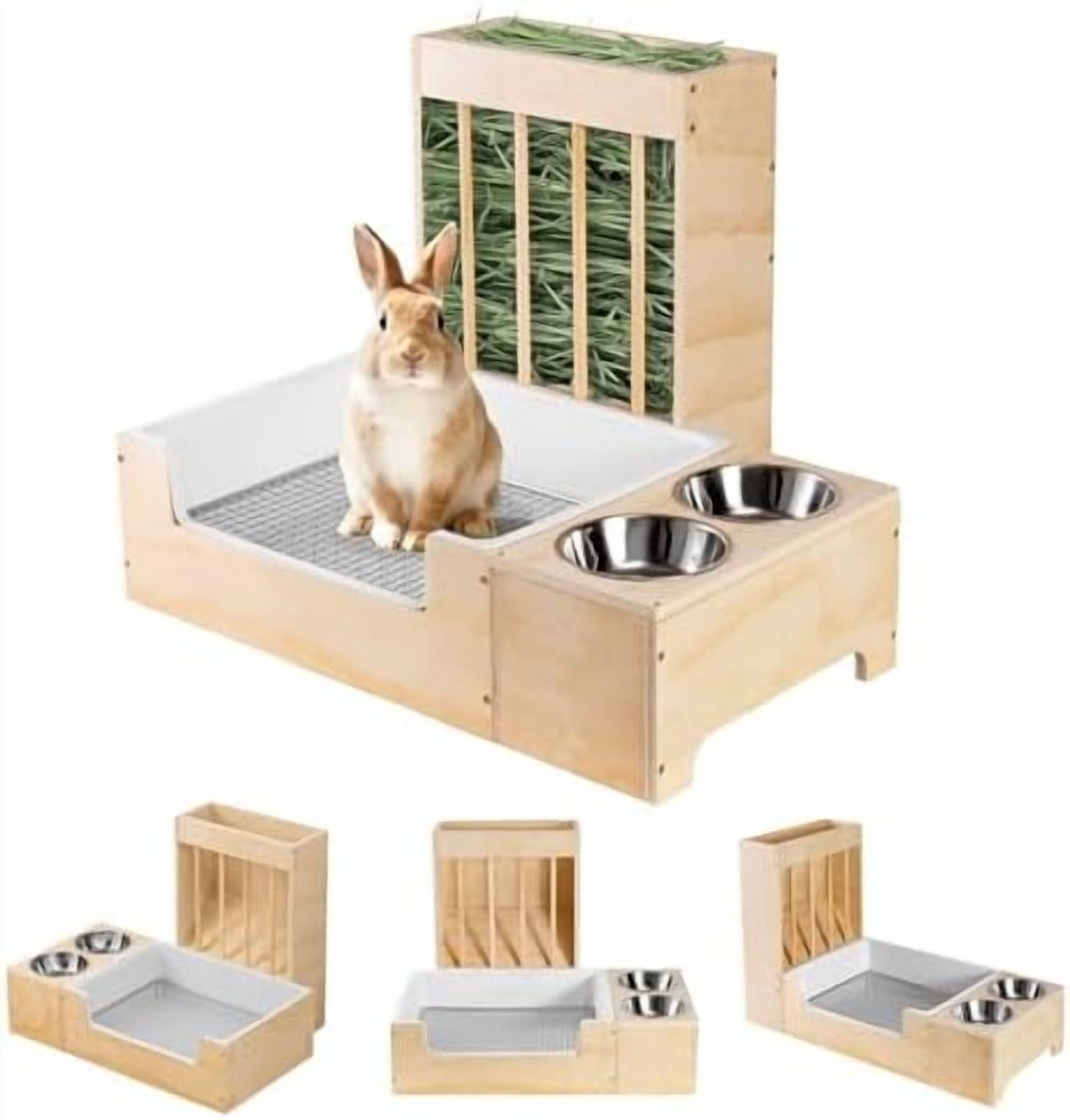 Inviting Litter Box For Rabbit Large 3 in 1 Rabbit Litter Box with Hay Feeder and Bowls Set, Wood ...