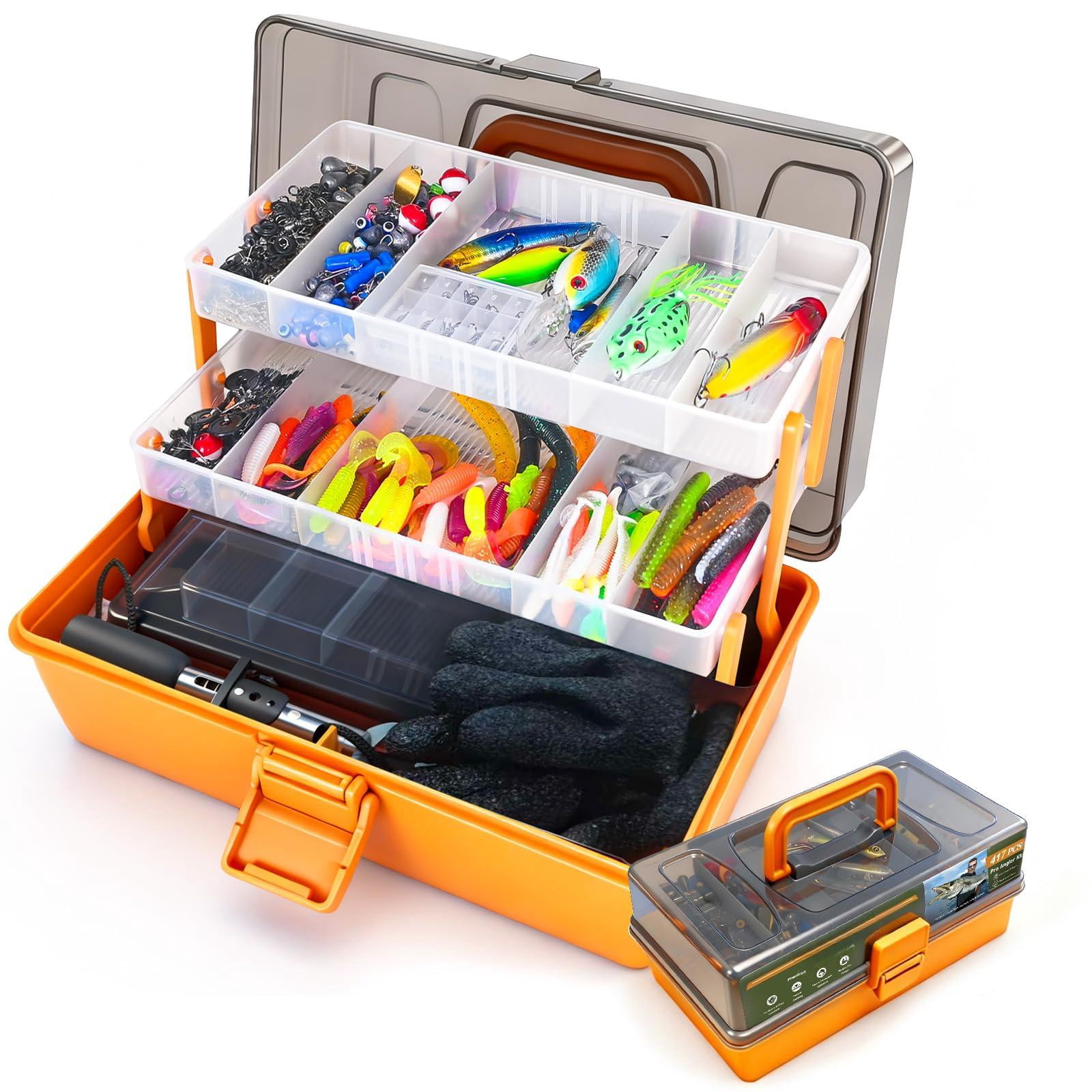 Large 3-layer Fishing Tackle Box With Included  All-in-one 417 Lures Kit Small 2-sided & Gloves For Anglers Complete Freshwater Bass Gear Gift Men